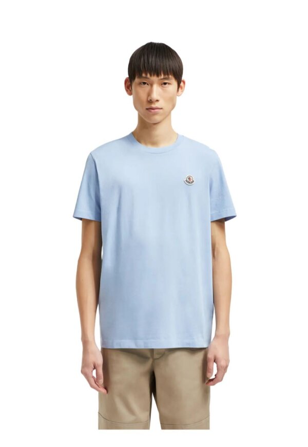 Moncler Cotton T-Shirt Hellblau mit Logopatch