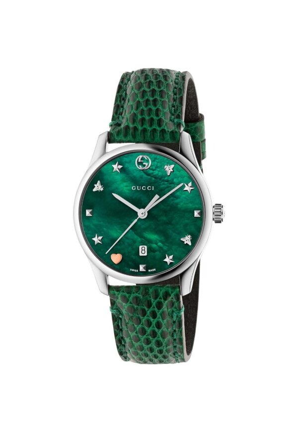 Gucci G Timeless Damenuhr aus Edelstahl silber grün Lederarmband