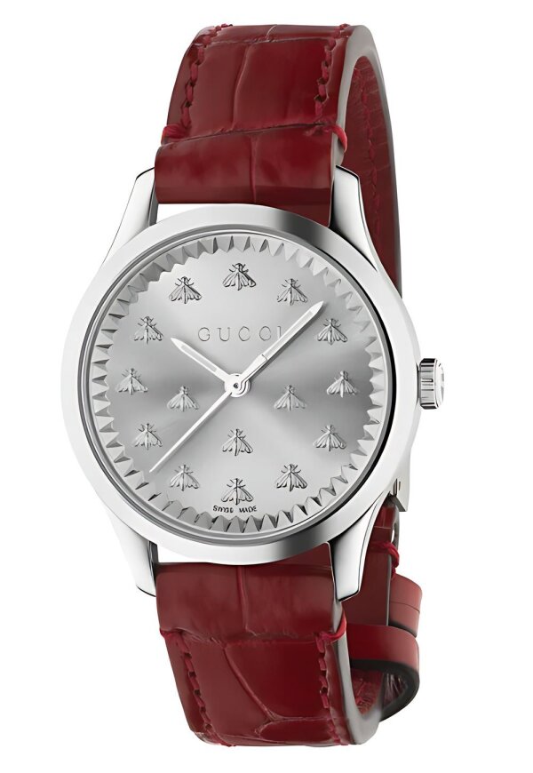 Gucci G Timeless Lady Damenuhr aus Edelstahl silber rot