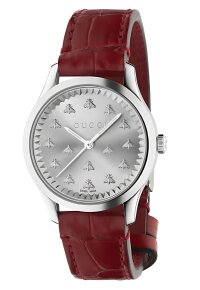 Gucci G Timeless Lady Damenuhr aus Edelstahl silber rot