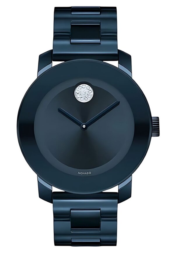 Movado Bold Damenuhr dunkelblau Edelstahl moderne Designer Uhr