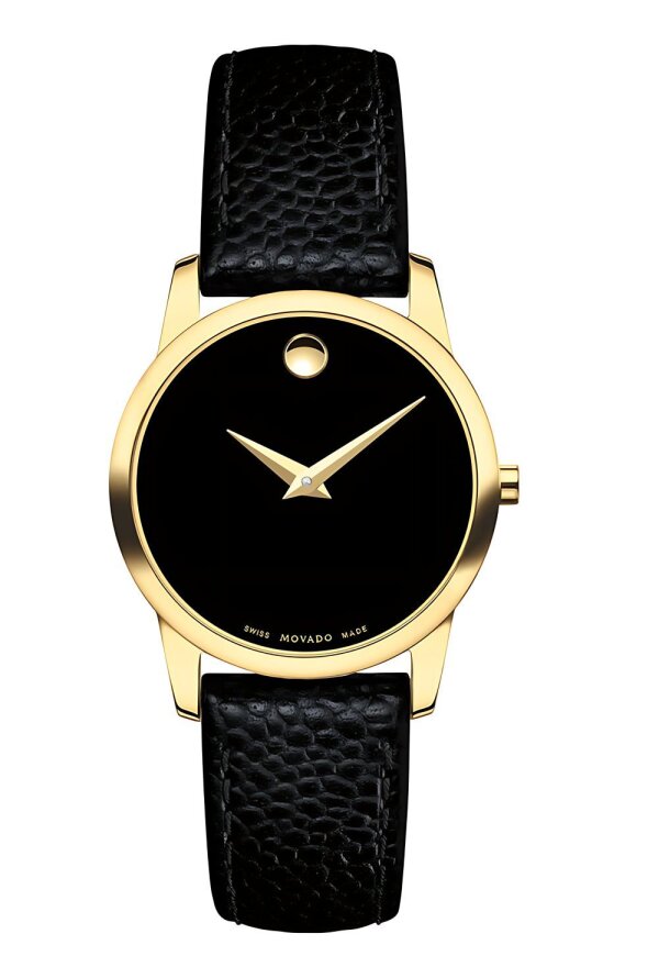 Movado Museum Damenuhr gold schwarz Lederarmband