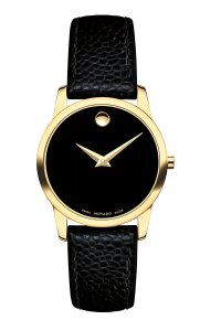 Movado Museum Damenuhr gold schwarz Lederarmband