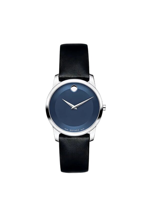 Movado Museum Damenuhr silber blau schwarz Lederarmband