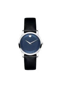 Movado Museum Damenuhr silber blau schwarz Lederarmband