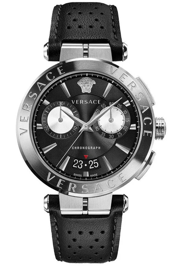 Versace Aion Chronograph Herrenuhr silber schwarz Lederarmband