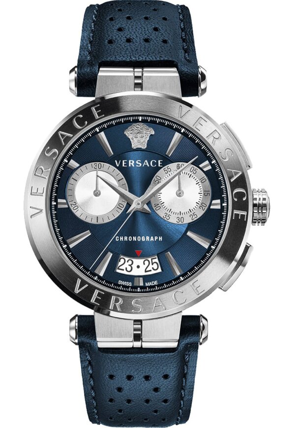 Versace Aion Chronograph Herrenuhr silber blau Lederarmband