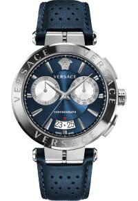 Versace Aion Chronograph Herrenuhr silber blau Lederarmband
