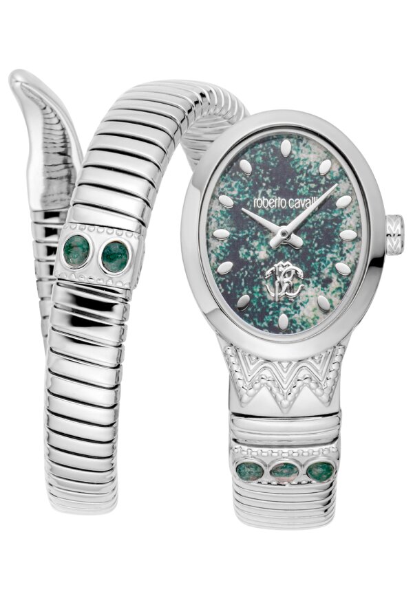 Roberto Cavalli Lady Serpente Ornato Damenuhr Grün Silber