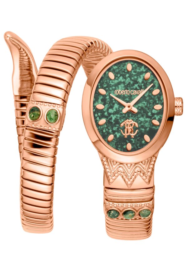 Roberto Cavalli Lady Serpente Ornato Damenuhr Grün Roségold