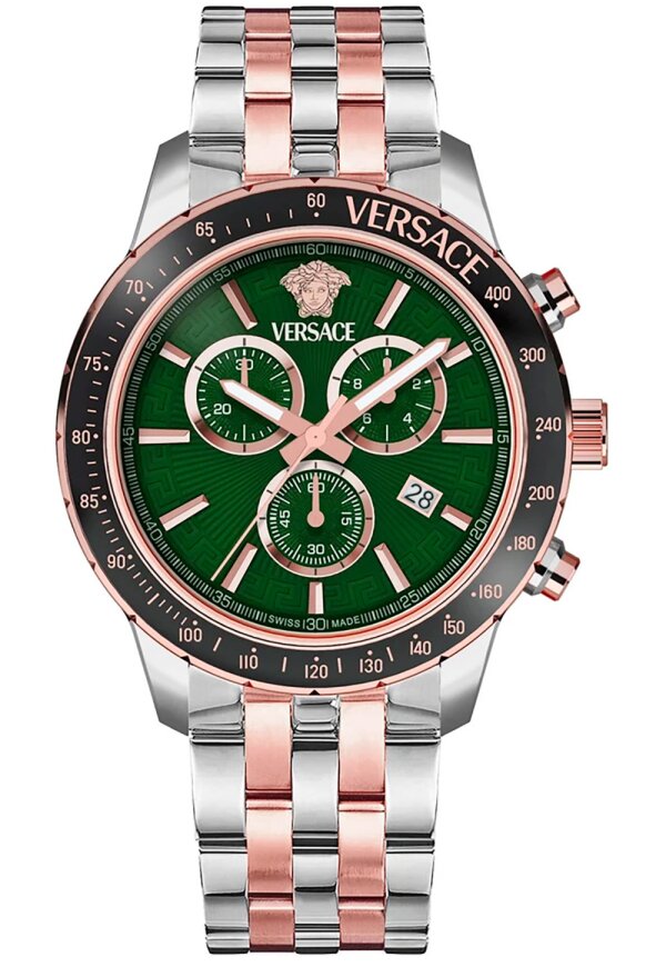 Versace Greca Chronograph Herrenuhr silber roségold schwarz grün