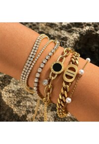 Gliederarmband mit schwarzem Rundelement und Zirkonia aus...