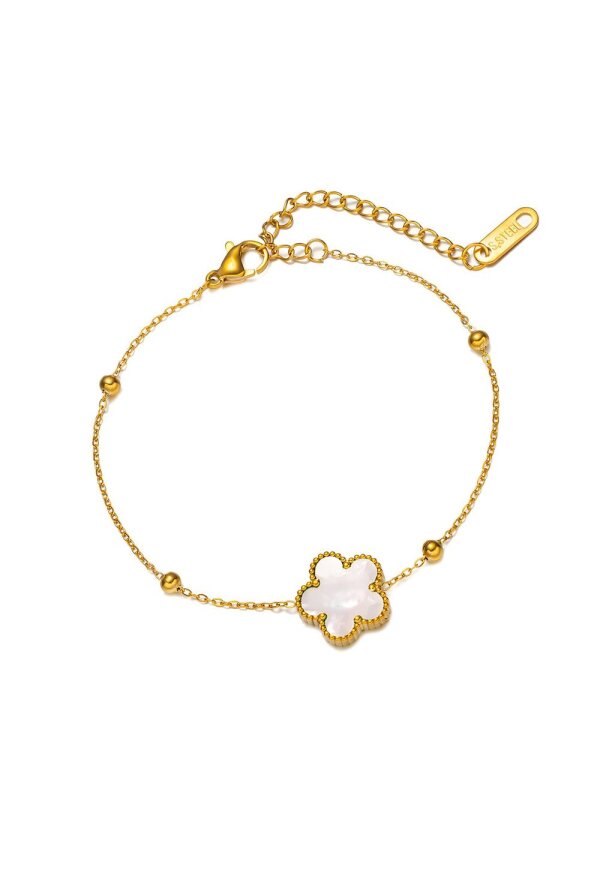 Flower Armband mit weiß schimmerndem Blütenelement aus 18K vergoldetem Edelstahl
