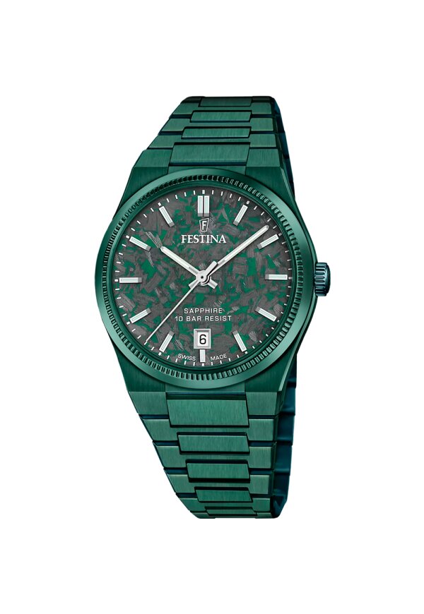 FESTINA SWISS MADE HERREN UHR NUEVA I-SIZE F20079/2 GRÜN EDELSTAHL ARMBAND