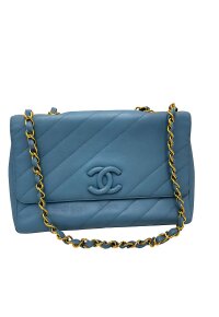CHANEL Coco Mark Bias Stitch Chain Large Leder Blau...